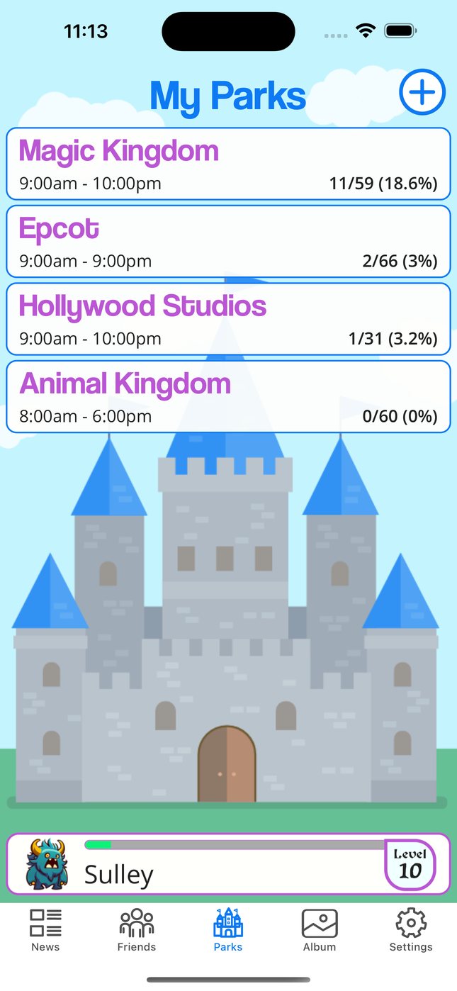 My Parks screen showing four Walt Disney World parks with completion