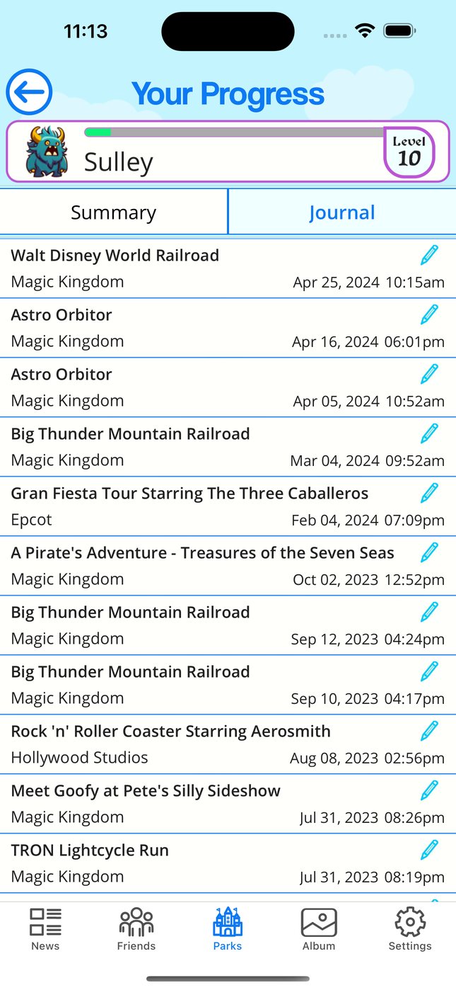 Your Progress journal with dated attraction logs and a level badge